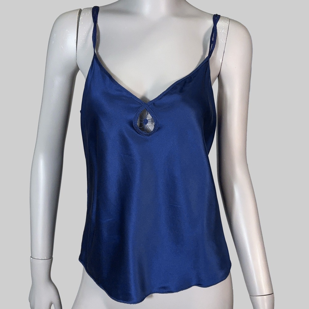 Max Studio Y2K Navy Blue Silk Camisole Womens S Crochet Keyhole Feminine Luxury